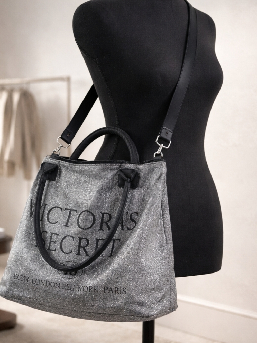Victoria's Secret Black & Silver Glitter Weekender Tote Bag, Limited Edition.